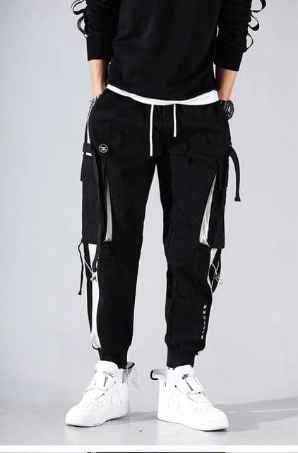 Men Cargo Pants Black Ribbons Block Multi-Pocket 2020 Harem Joggers Harajuku Sweatpant Hip Hop Casual Male Trousers AExp