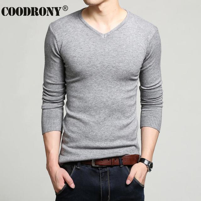 Men Cashmere & Wool Sweater / Men Solid Color V-Neck Knitted Pullover-Dark Grey-XL-JadeMoghul Inc.