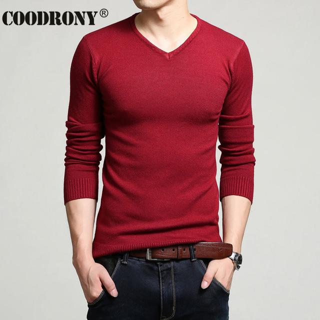 Men Cashmere & Wool Sweater / Men Solid Color V-Neck Knitted Pullover-Red-XL-JadeMoghul Inc.