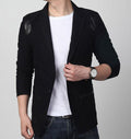 Men Casual Slim Fit Blazer With Leather Patchwork-black-M-JadeMoghul Inc.