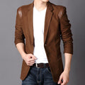 Men Casual Slim Fit Blazer With Leather Patchwork-coffee-M-JadeMoghul Inc.