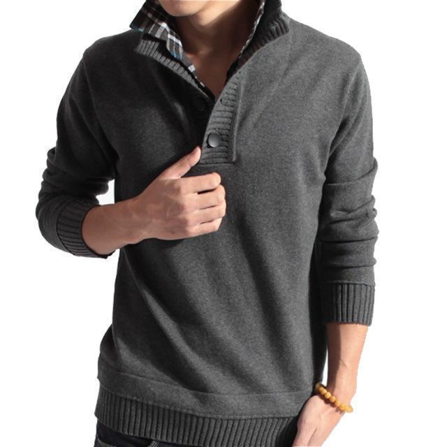 Men Casual Slim Sweater / Men Buttoned High Collar Solid Color Sweater-Dark Grey-L-JadeMoghul Inc.