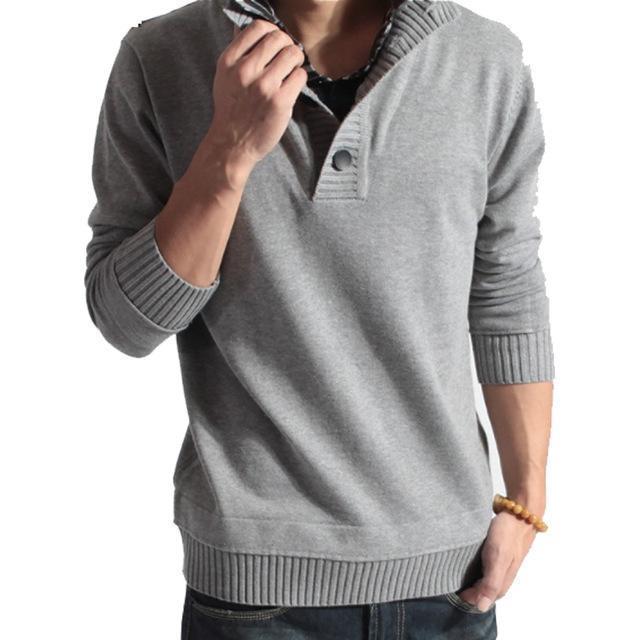Men Casual Slim Sweater / Men Buttoned High Collar Solid Color Sweater-Grey-L-JadeMoghul Inc.