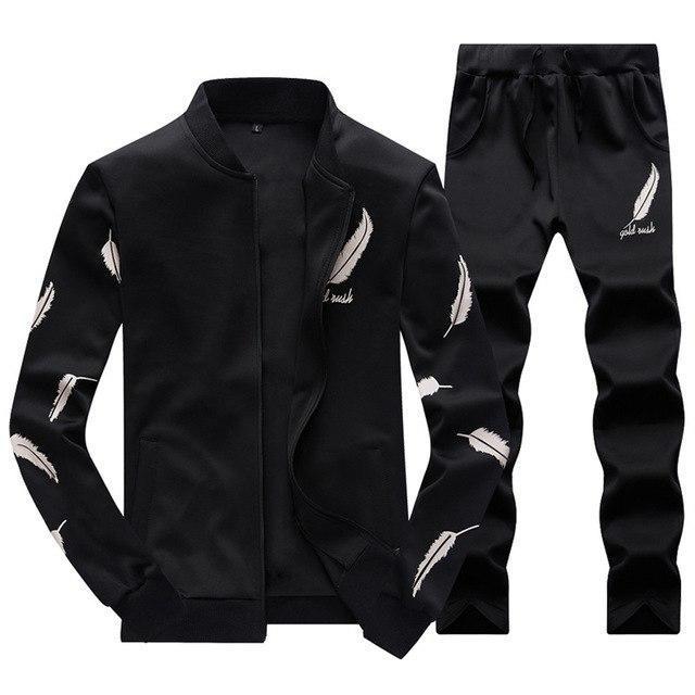 Men Casual Tracksuit Set 2018 Fashion Men's Autumn Stand Collar Pattern Sweatshirt +Sweatpants 2 Piece Sets Slim Sportswear Male-em083 Black-S-JadeMoghul Inc.