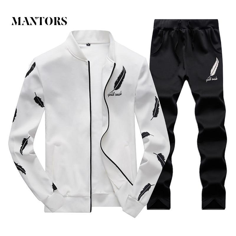 Men Casual Tracksuit Set 2018 Fashion Men's Autumn Stand Collar Pattern Sweatshirt +Sweatpants 2 Piece Sets Slim Sportswear Male-em083 Black-S-JadeMoghul Inc.