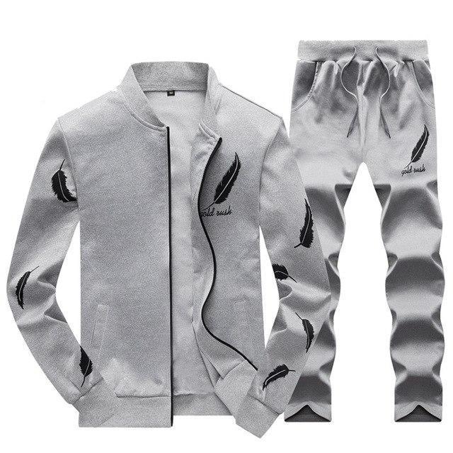 Men Casual Tracksuit Set 2018 Fashion Men's Autumn Stand Collar Pattern Sweatshirt +Sweatpants 2 Piece Sets Slim Sportswear Male-em083 Grey-S-JadeMoghul Inc.