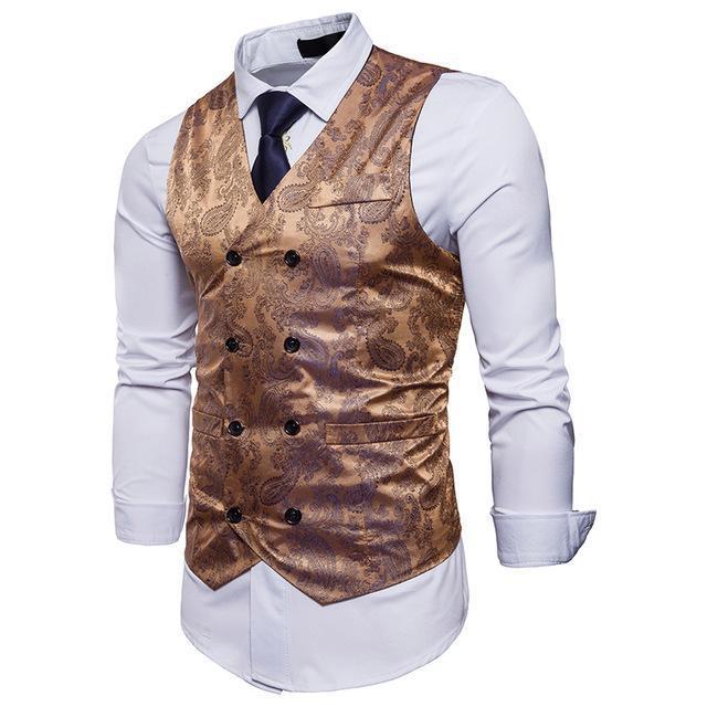 Men Double Breasted Dress Vests - Sleeveless Slim Printed Waistcoat