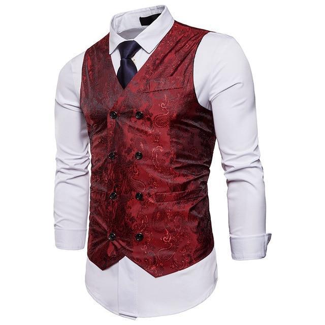 Men Double Breasted Dress Vests - Sleeveless Slim Printed Waistcoat-Red-L-JadeMoghul Inc.