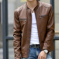 Men Leather Jacket With Stand Collar / Casual Slim Leather Jacket-Light Coffee-M-JadeMoghul Inc.