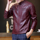 Men Leather Jacket With Stand Collar / Casual Slim Leather Jacket-Wine Red-M-JadeMoghul Inc.