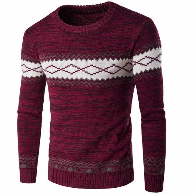 Men Long Sleeve O-Neck Sweater / Diamond Patchwork Knitted Warm Sweater-Red-S-JadeMoghul Inc.