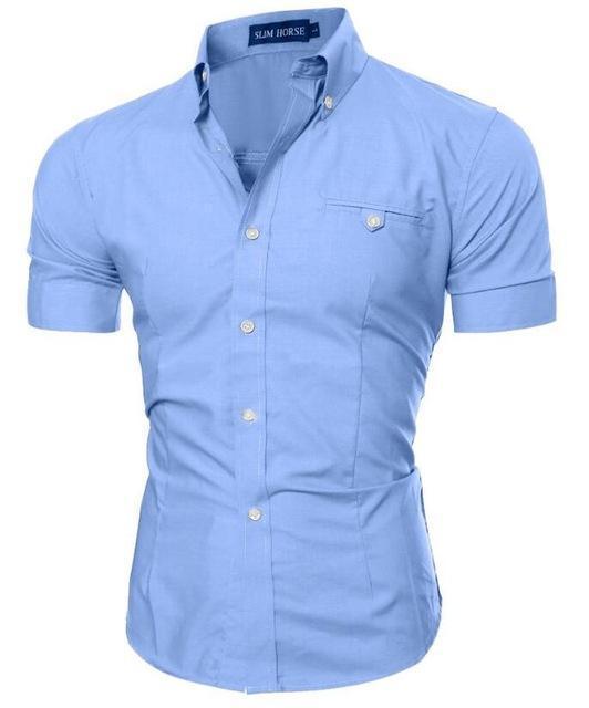 Men Luxury Short Sleeve Slim Fit Dress Shirt-sky-Asia L 170CM 65KG-JadeMoghul Inc.