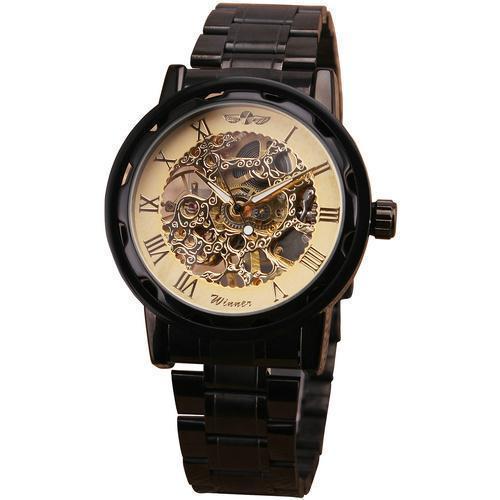 Men Mechanical Stainless Steel Strap Classic Wristwatch-BLACK ALL GOLDEN-JadeMoghul Inc.