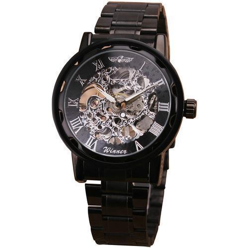 Men Mechanical Stainless Steel Strap Classic Wristwatch-BLACK SILVER-JadeMoghul Inc.
