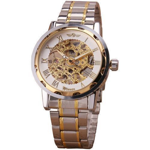 Men Mechanical Stainless Steel Strap Classic Wristwatch-GOLDEN WHITE-JadeMoghul Inc.