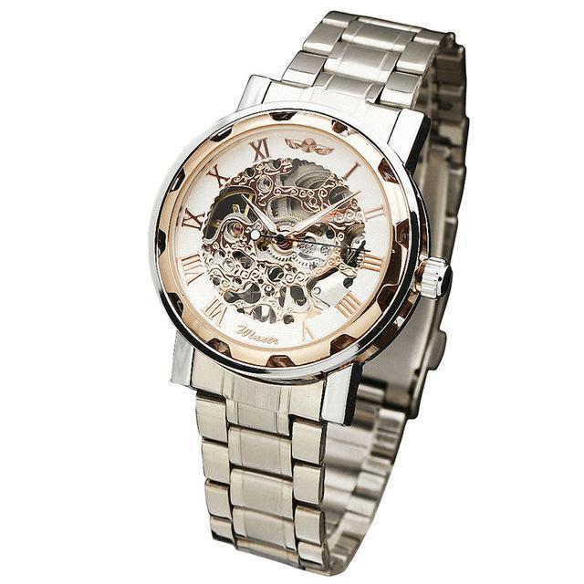 Men Mechanical Stainless Steel Strap Classic Wristwatch-SILVER ROSE WHITE-JadeMoghul Inc.