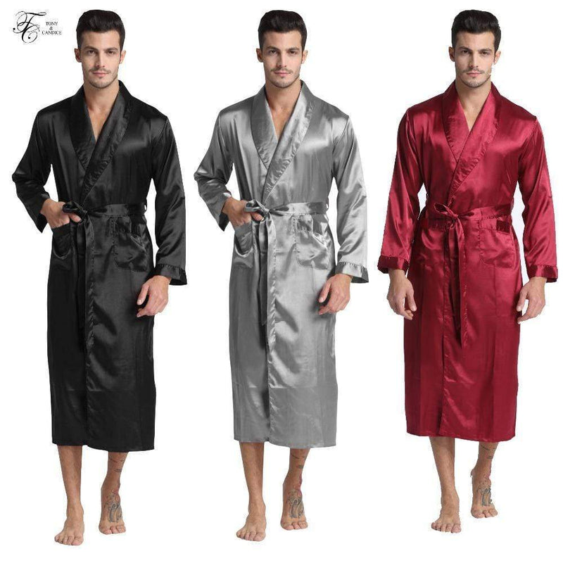 Men Silk Satin Bathrobe / Long Solid Silk Pajamas