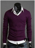 Men Smart Casual Slim Sweater / Men Thin Solid V-Neck Sweater-Purple-M-JadeMoghul Inc.
