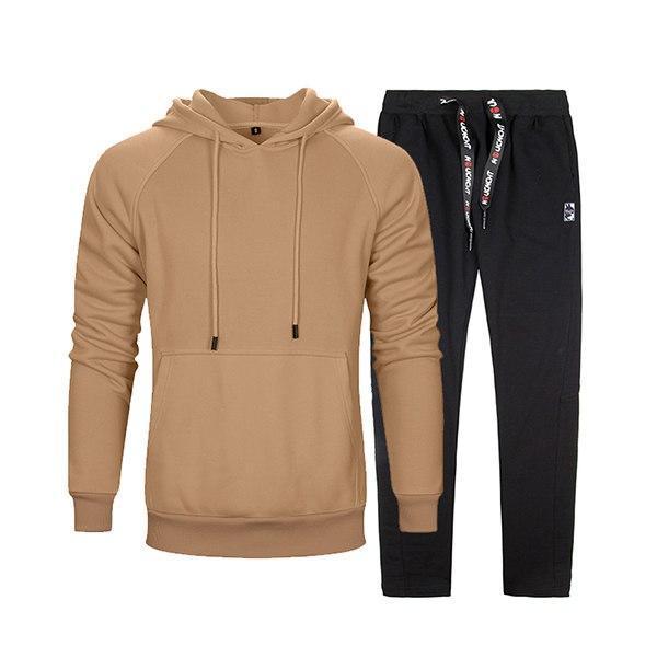 Men Smart Sweatshirt Tracksuit - Men Sportswear Long Sleeve Hoodie & Sweatpants (2pcs)-WY18 Khaki LK27Black-S-JadeMoghul Inc.