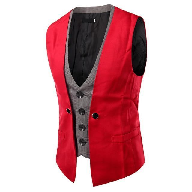 Men Vest Singlet Breasted Waistcoat - Patch Slim Suit Vest-Red-XL-JadeMoghul Inc.