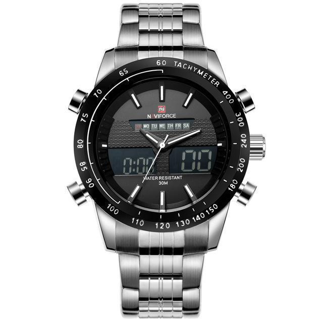 Men Waterproof Full Steel Casual Quartz Sports Wrist Watch-Silver Black-JadeMoghul Inc.