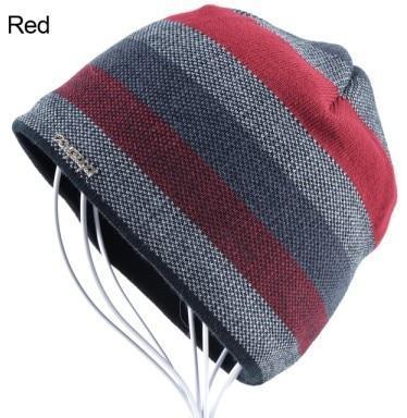 Men's Skullies Hat Bonnet Winter Beanie Knitted Wool Hat Plus Velvet Cap Thicker Stripe Skis Sports Beanies Hats-Red-JadeMoghul Inc.