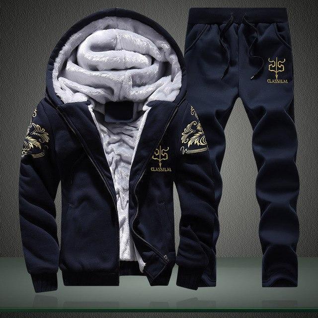 Men's Winter Tracksuit Set - Solid 2Pcs Suit (Jacket & Bottom)-Black D76-S-JadeMoghul Inc.