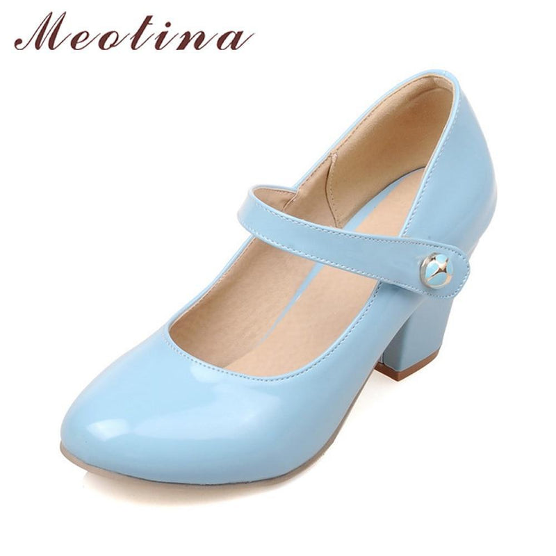 Meotina High Heels Women Mary Janes Party Shoes Pumps 2018 Spring White Shoes Thick High Heel Round Toe Shoes Ladies Blue Pink-Pink-6-JadeMoghul Inc.