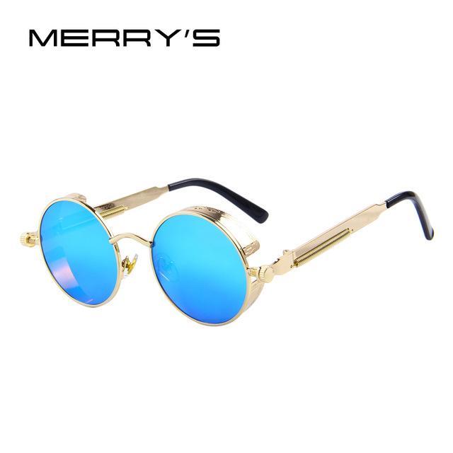 MERRY'S Vintage Women Steampunk Sunglasses Brand Design Round Sunglasses Oculos de sol UV400-C10 Gold Blue-JadeMoghul Inc.