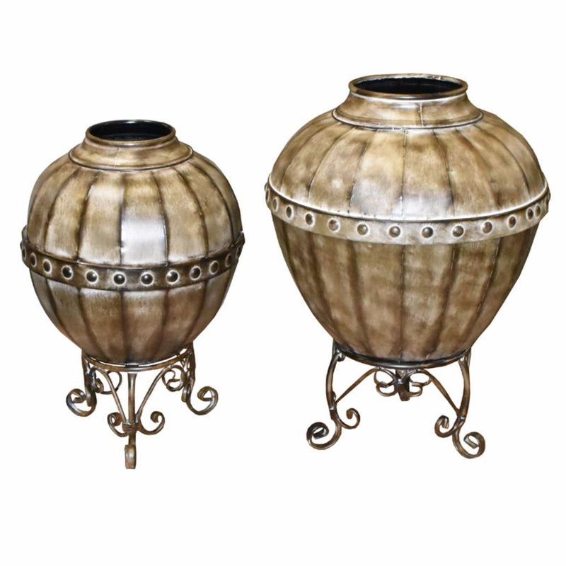 Mesmerizing 2 Piece Metal Planter, Brown-Indoor Pots and Planters-Brown-METAL-JadeMoghul Inc.