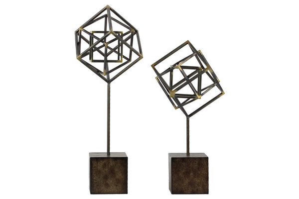 Metal Abstract Sculpture On Square Stand, Set of 2, Gunmetal Gray-Sculptures-Gray-Metal-JadeMoghul Inc.