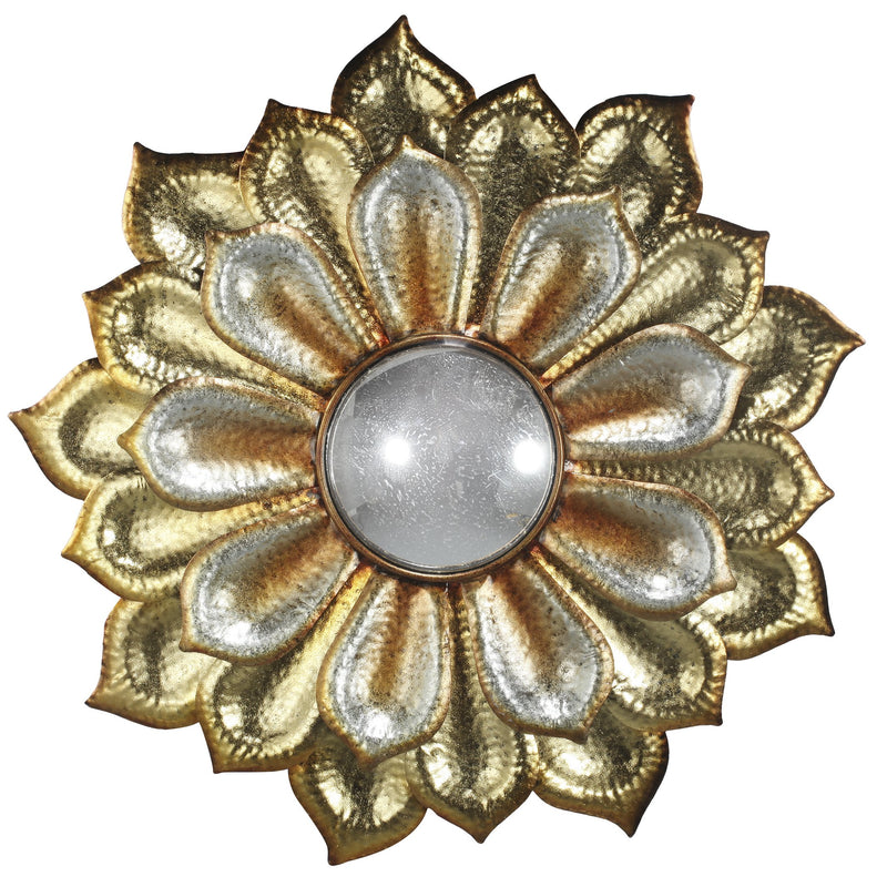 Metal and Acrylic Decorative Wall Hanging Mirror with Flower Shaped Design, Gold