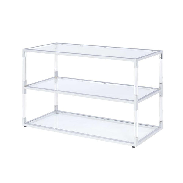 Metal And Acrylic TV Stand With Two Open Glass Shelves, Silver And Clear-Living Room Furniture-Silver And Clear-Metal Acrylic And Glass-JadeMoghul Inc.