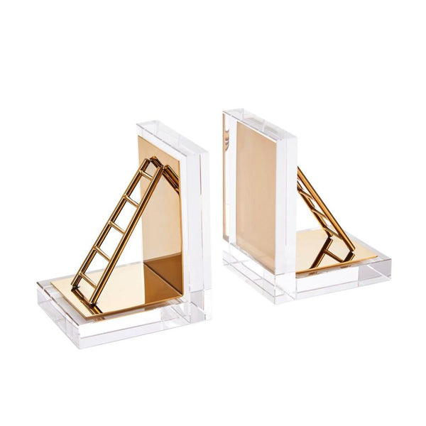 Metal And Glass Book Ends, Set Of 2, Clear And Gold-Bookends-Clear And Gold-Metal / Glass-JadeMoghul Inc.