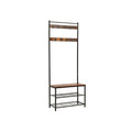 Metal and Wood Coat Rack with Nine Hooks and Storage Shelves, Brown and Black