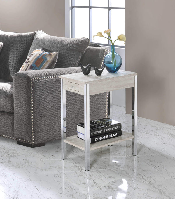 Metal and Wood Side Table with Drawer and USB Dock, Cream and Silver-Side & End Tables-Cream and Silver-Metal, USB Dock, Engineered Wood-JadeMoghul Inc.