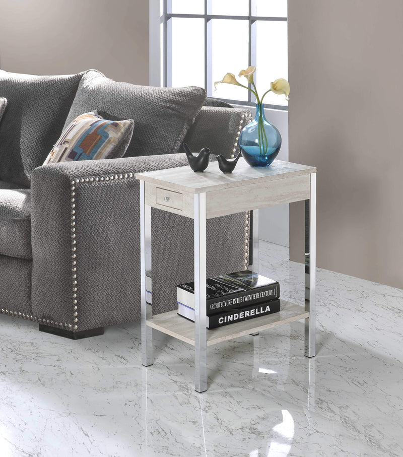 Metal and Wood Side Table with Drawer and USB Dock, Cream and Silver-Side & End Tables-Cream and Silver-Metal, USB Dock, Engineered Wood-JadeMoghul Inc.