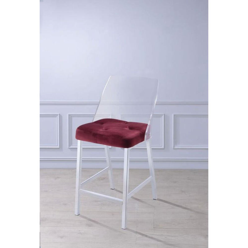 Metal Armless Counter Height Chair With Velvet Seat, Set of 2, Red and Silver-Bar Chairs-Burgundy and Silver-Velvet Acrylic and Metal-JadeMoghul Inc.