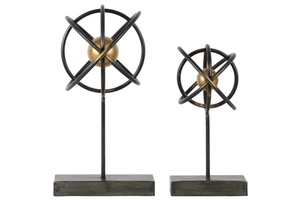 Metal Atom Table Top Sculpture On Rectangular Stand, Set of 2, Black-Sculptures-Black-Metal-JadeMoghul Inc.