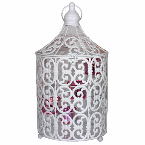 Metal Bird Caged Lantern,White/Pink-Candleholders-White-Metal-JadeMoghul Inc.