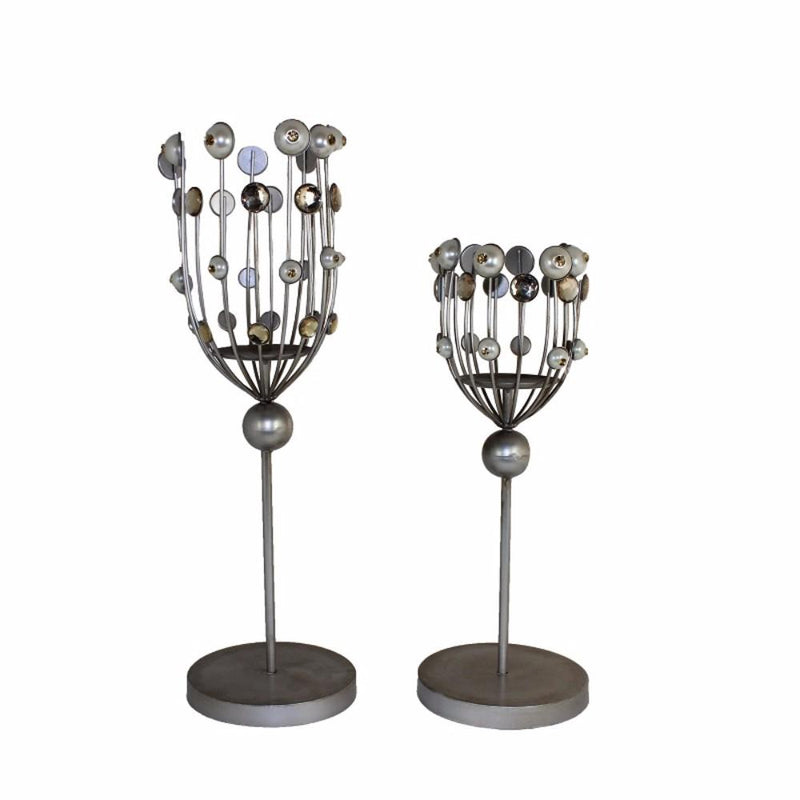 Metal Candle Holder, Gray, Set Of 2-Candleholders-Gray-Metal-JadeMoghul Inc.