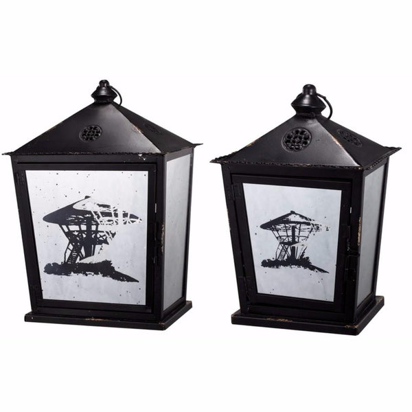 Metal Candle Lanterns, Set Of Two, Black-Candleholders-Black-METAL GLASS-JadeMoghul Inc.