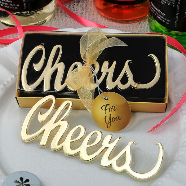Metal cheers bottle opener with a gold finish-Favors by Theme-JadeMoghul Inc.