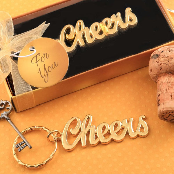 Metal Cheers themed keychain with a gold finish-Bridal Shower Decorations-JadeMoghul Inc.