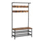 Metal Coat Rack with Wooden Bench and Two Wire Meshed Shelves, Brown and Black