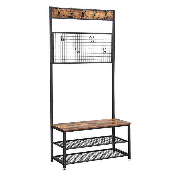Metal Coat Rack with Wooden Bench, Two Mesh Shelves and Grid Panel, Brown and Black