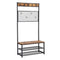 Metal Coat Rack with Wooden Bench, Two Mesh Shelves and Grid Panel, Brown and Black