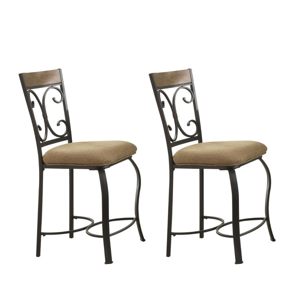 Metal Counter Height Chair with Fabric Cushion Seat and Flared Legs, Brown and Black, Set of Two-Bar Stools & Tables-Brown and Black-Metal, Wood and Fabric-JadeMoghul Inc.