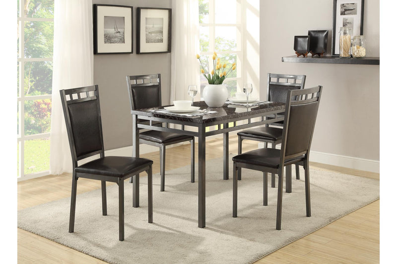 Metal Dinette Pack with Bi Cast Vinyl Upholstered Four Chairs, Gray and Brown, Pack of Five-Dining Chairs-Gray and Brown-Metal Faux Marble and Bi-cast Vinyl-JadeMoghul Inc.