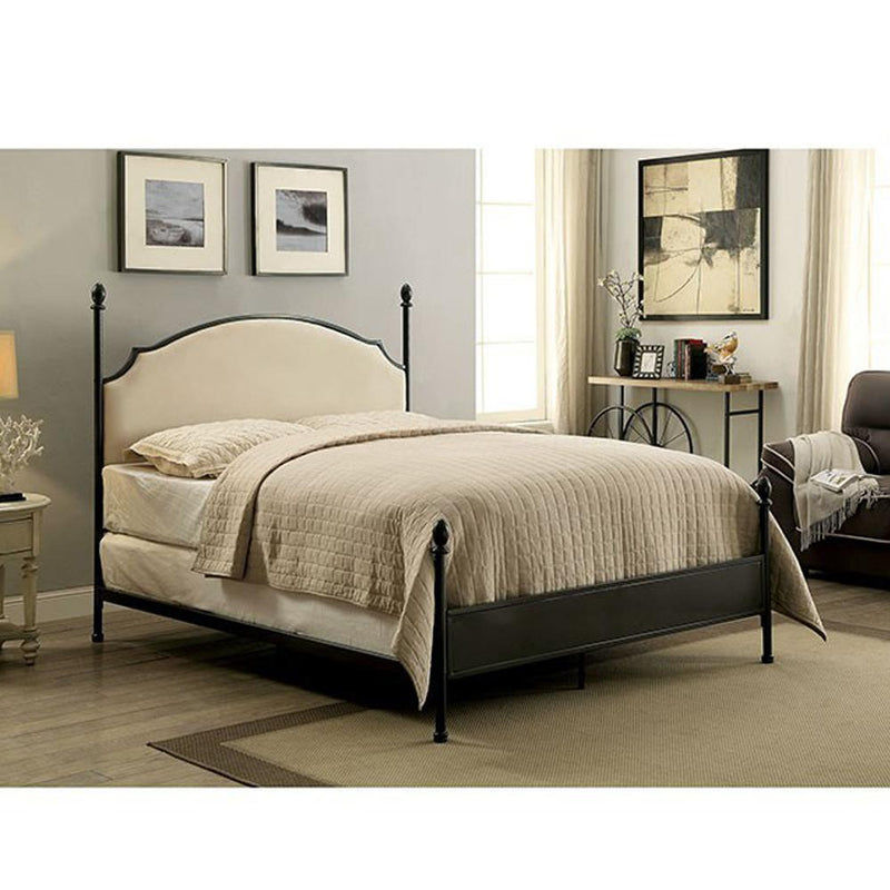 Metal Eastern King Bed with Padded Fabric, Black-Bedroom Sets-Black-Metal and Fabric-JadeMoghul Inc.